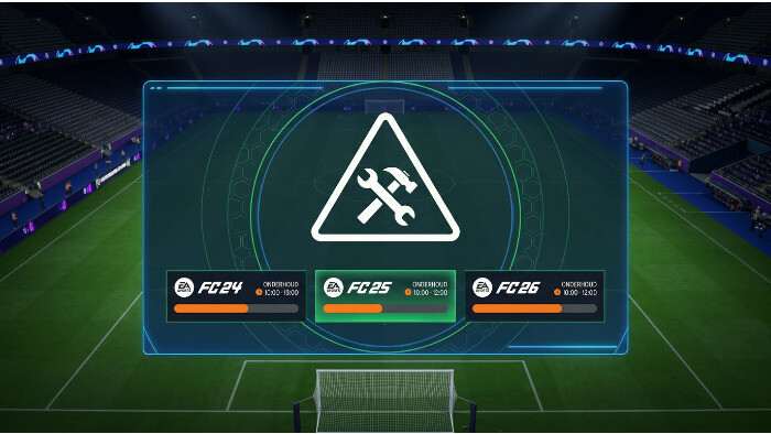 EA Sports FC 25 thumbnail met voetballer en melding dat FC 24, 25 en 26 drie uur offline zijn voor onderhoud