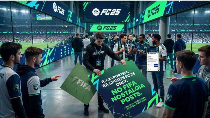 EA Sports FC 25 uitgelichte thumbnail met r/EASportsFC dat een harde grens stelt rond FIFA-nostalgie