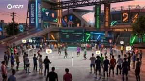 EA Sports FC 25 featured thumbnail over The Grounds social hub voor 100 spelers, met FC 27 artikelkop in beeld