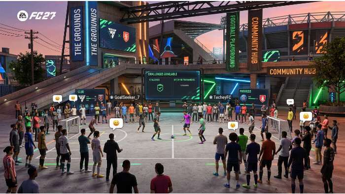 EA Sports FC 25 featured thumbnail over The Grounds social hub voor 100 spelers, met FC 27 artikelkop in beeld