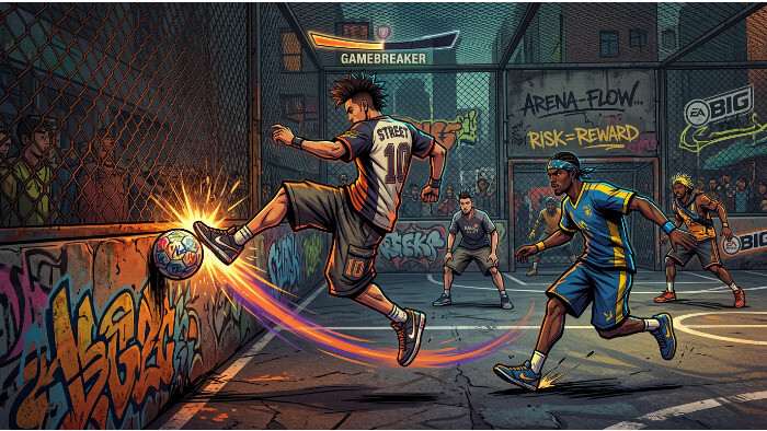 FIFA Street uitgelichte thumbnail met straatvoetballer in arena, gericht op arena-flow en wall-bounces