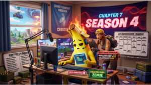 Fortnite thumbnail met personage en waarschuwende sfeer bij creators die alarm slaan over het nieuwe seizoen