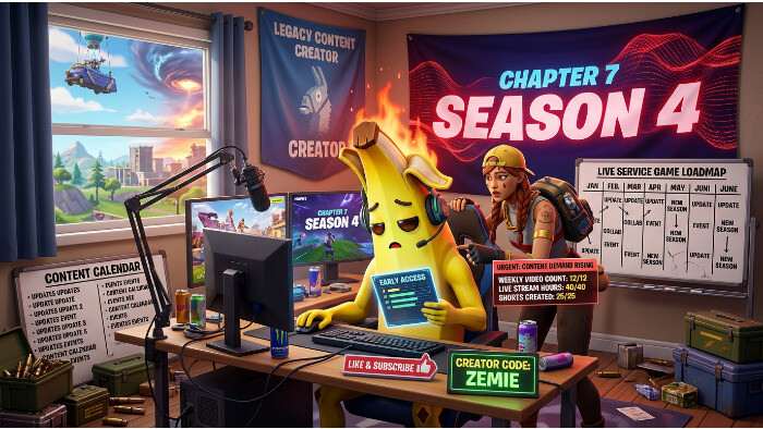 Fortnite thumbnail met personage en waarschuwende sfeer bij creators die alarm slaan over het nieuwe seizoen