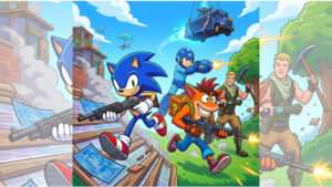 Fortnite featured thumbnail over Gaming Legends met Sonic, Crash en Mega Man in kleurrijke promotie-afbeelding