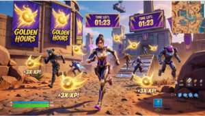 Fortnite featured thumbnail over Gold Sprites met 3x XP, met een gouden sprite-icoon op een paarse achtergrond