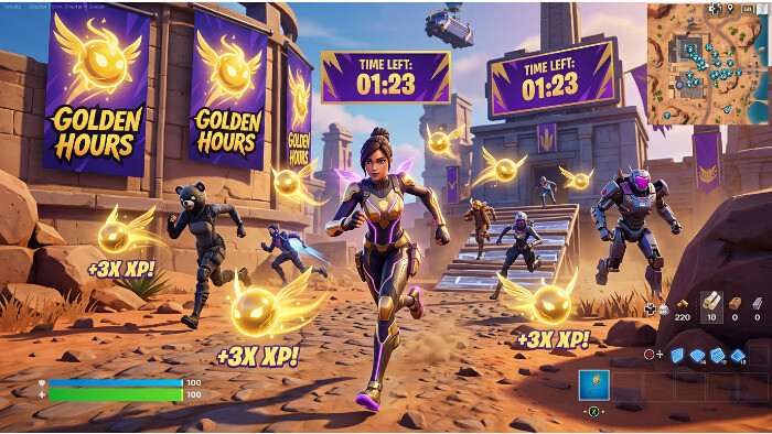Fortnite featured thumbnail over Gold Sprites met 3x XP, met een gouden sprite-icoon op een paarse achtergrond