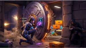 Fortnite thumbnail met een gewapende speler in fel landschap, passend bij keycards en vaults veilig claimen
