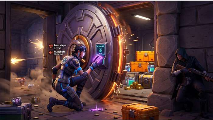 Fortnite thumbnail met een gewapende speler in fel landschap, passend bij keycards en vaults veilig claimen