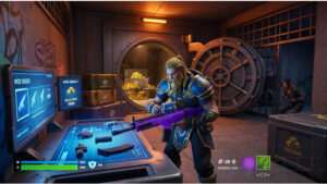 Fortnite featured thumbnail met wapen en Mod Bench-achtige upgrade-visuals voor een gids over wapenmods