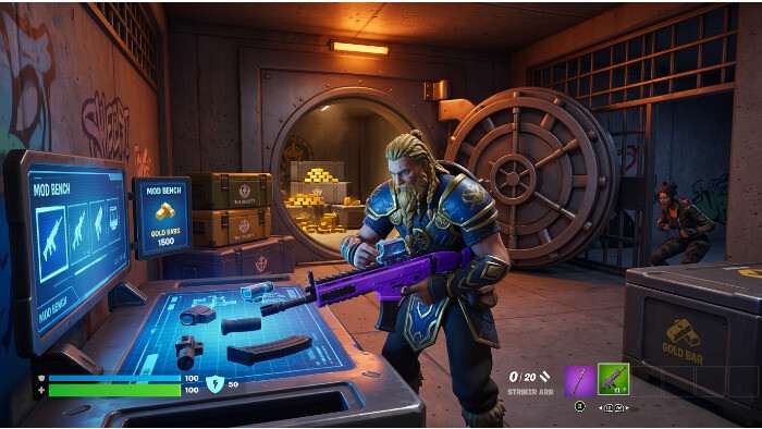Fortnite featured thumbnail met wapen en Mod Bench-achtige upgrade-visuals voor een gids over wapenmods