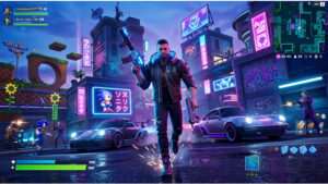Fortnite uitgelichte thumbnail met Male V-skin uit Cyberpunk 2077 voor het Override seizoen