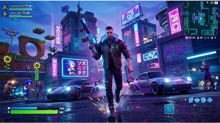 Fortnite uitgelichte thumbnail met Male V-skin uit Cyberpunk 2077 voor het Override seizoen