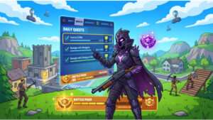Vierkante Fortnite thumbnail over dagelijkse quests die je speelritme en routine sturen