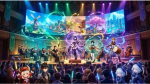 Genshin Impact uitgelichte thumbnail met een sfeervolle gameconcert look, passend bij live muziekshows