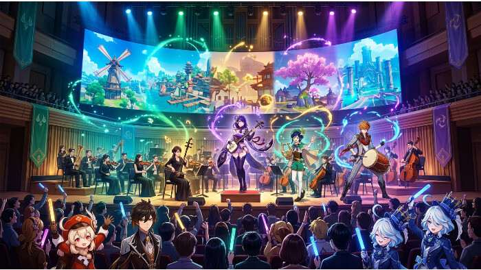 Genshin Impact uitgelichte thumbnail met een sfeervolle gameconcert look, passend bij live muziekshows