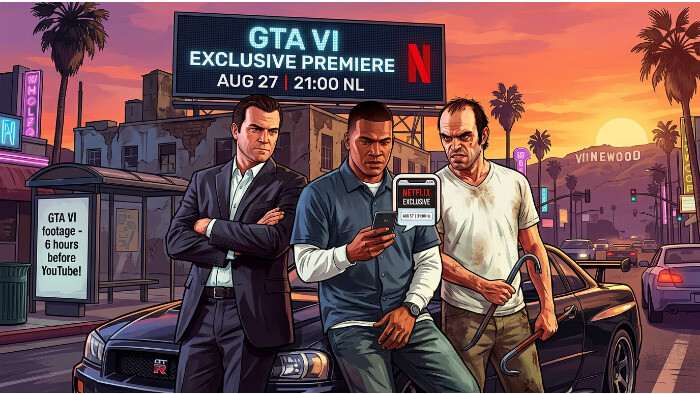 Vierkante thumbnail over Grand Theft Auto V met GTA 6 beelden die eerst op Netflix verschijnen
