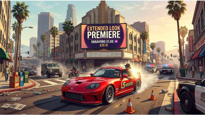 Vierkante thumbnail over Grand Theft Auto V met kop GTA 6 krijgt exclusieve Netflix-première op 27 augustus