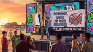 Featured thumbnail over Grand Theft Auto V met Sony PS5 Digital-reclame rond GTA VI en kritiek van spelers