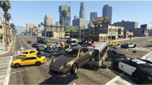 Uitgelichte thumbnail van Grand Theft Auto V met GTA 5 en een auto die in Los Santos over een glad wegdek slipt