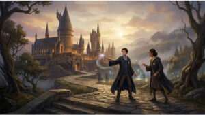 Uitgelichte thumbnail voor Hogwarts Legacy 2 met Hogwarts-kasteel en magische sfeer, passend bij Warner Bros.-nieuws