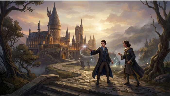 Uitgelichte thumbnail voor Hogwarts Legacy 2 met Hogwarts-kasteel en magische sfeer, passend bij Warner Bros.-nieuws