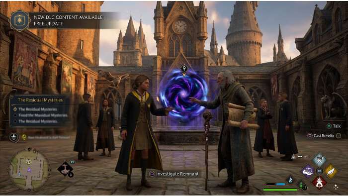 Featured thumbnail voor Hogwarts Legacy over gratis DLC, met een tovenaar bij Hogwarts met magisch licht