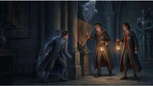 Hogwarts Legacy featured thumbnail met tovenaar in donkere gang, passend bij stealth en AI-perceptie