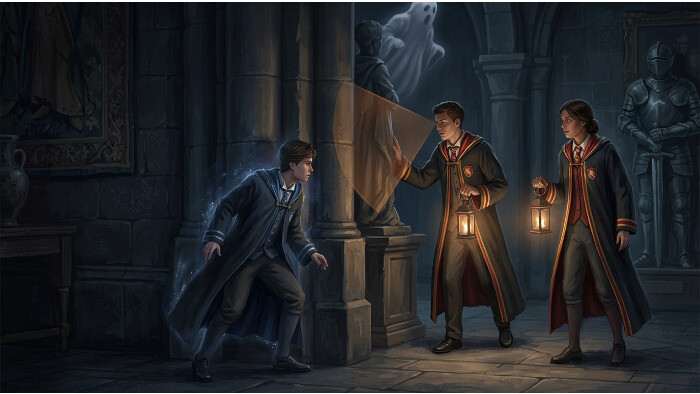 Hogwarts Legacy featured thumbnail met tovenaar in donkere gang, passend bij stealth en AI-perceptie