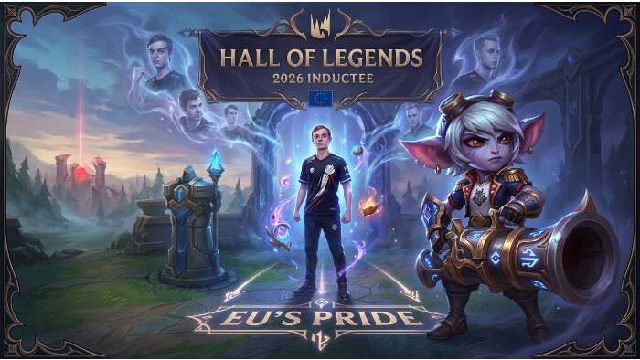 League of Legends thumbnail over Caps en Hall of Legends 2026, met Tristana en een mogelijke eigen skin