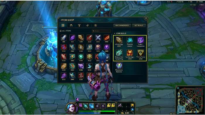 League of Legends thumbnail met een kampioenportret en item-iconen voor core items per champion