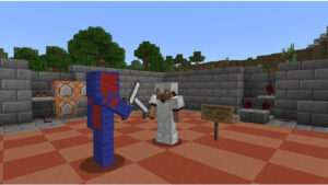 Minecraft Bedrock Edition thumbnail met blokkerige PvP-sfeer en titel over Felicias trainingsmap met 67.000 downloads
