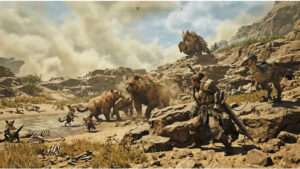 Monster Hunter Wilds featured thumbnail met jager die een monster observeert in een stoffige woestijnomgeving