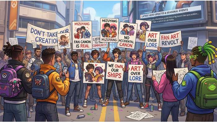 Overwatch 2 uitgelichte thumbnail met fanart en tekst over een canon-rel binnen de community