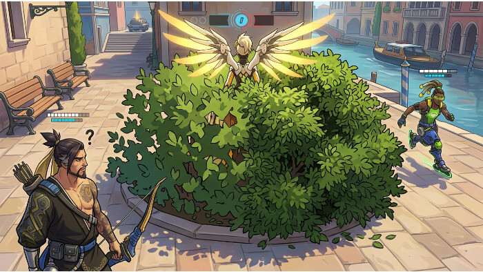 Overwatch 2 thumbnail met Mercy die deels verborgen in struiken staat, passend bij het thema grafische eerlijkheid