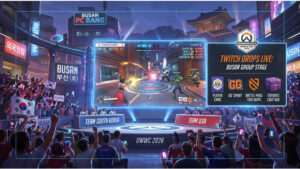 Overwatch 2 thumbnail met Overwatch World Cup 2026 en tekst over 20 Twitch Drops in Busan