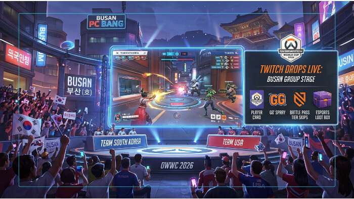 Overwatch 2 thumbnail met Overwatch World Cup 2026 en tekst over 20 Twitch Drops in Busan