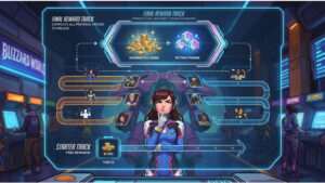 Overwatch featured thumbnail over de battle pass, met focus op vrije coins die pas aan het einde worden uitgekeerd