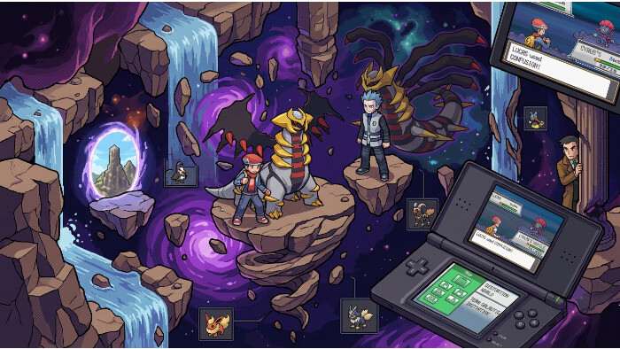 Uitgelichte thumbnail voor Pokémon Platinum Version met Sinnoh-thema voor Nintendo DS
