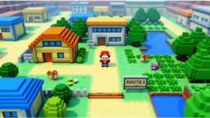 Uitgelichte thumbnail voor Pokemon Red/Pokemon Blue over Gen1Recomp met voxel-upgrade in retrostijl