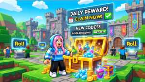 Roblox thumbnail met speelse blokfiguren die Roblox-codes en dagelijkse beloningen in de game uitbeelden