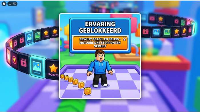 Roblox nieuwsthumbnail over het verbod op doomscroll-games voor kinderen, met Roblox-achtige avatars op een paarse achtergrond