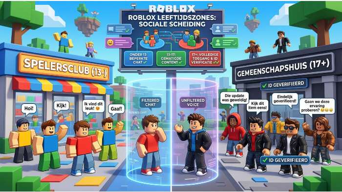 Roblox featured thumbnail over leeftijdszones die spelers sociaal scheiden, met Roblox-achtige avatars op een abstracte achtergrond
