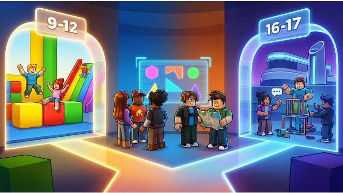 Roblox uitgelichte thumbnail over het opsplitsen van de spelersbasis in leeftijdszones