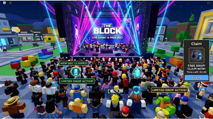 Roblox featured thumbnail met de titel 'The Block' en aandacht voor free UGC-drops en 60.000 spelers