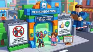 Roblox featured thumbnail over het blokkeren van volwassenen op kinderaccounts, met Roblox-stijl blokpersonage