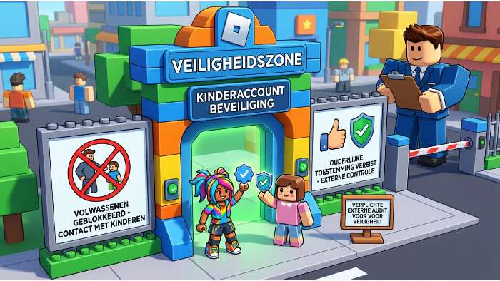 Roblox featured thumbnail over het blokkeren van volwassenen op kinderaccounts, met Roblox-stijl blokpersonage