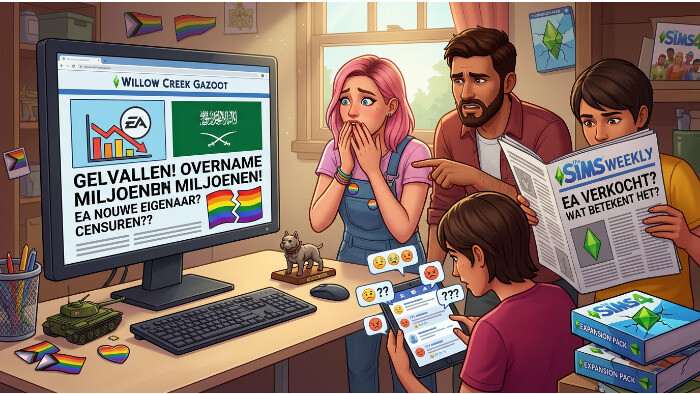 The Sims 4 thumbnail met EA-logo en nieuws over privatisering na overname van 55 miljard door Saudi-Arabië