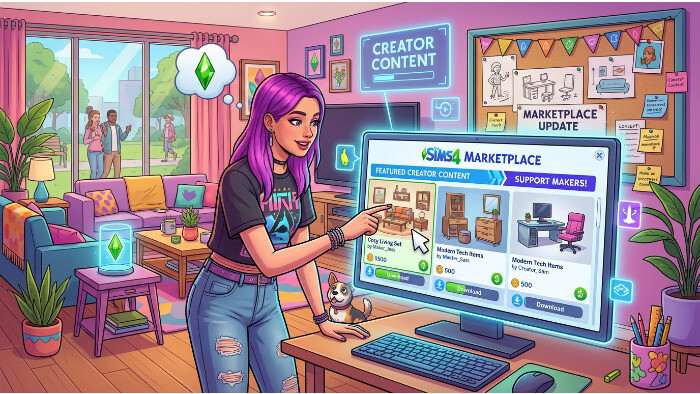 Uitgelichte thumbnail over The Sims 4 met focus op de Marketplace-uitbreiding terwijl The Sims 5 uitblijft
