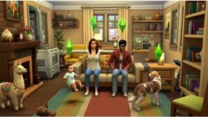 The Sims 4 featured thumbnail met sim-personage en glitchachtige breuklijnen die technische schuld suggereren