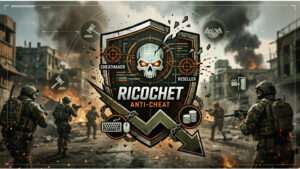 Warzone featured thumbnail met soldaat en RICOCHET anti-cheat thema rond Activision die cheatmakers thuis opzoekt